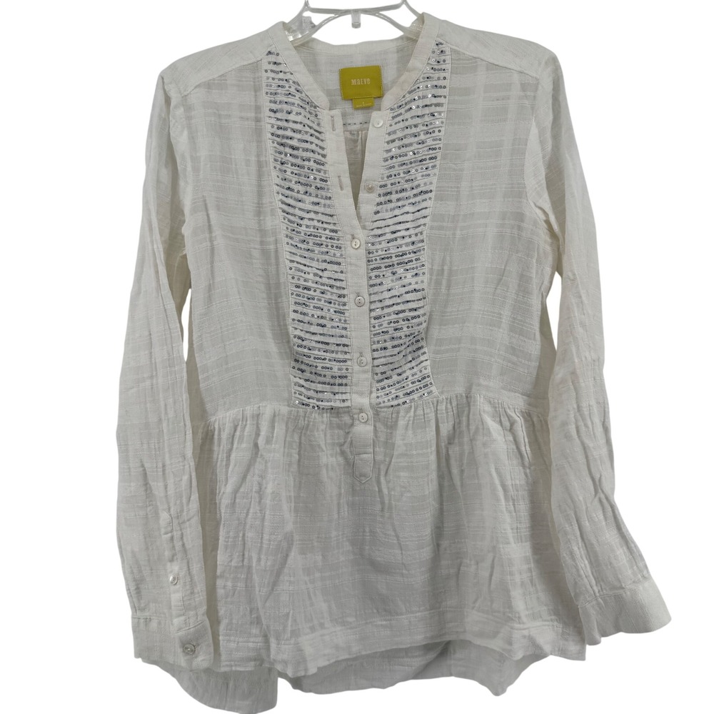 Maeve Peplum Blouse‎ Womens 8 White Sequin Bib Cotton Gauze Long Sleeve Top